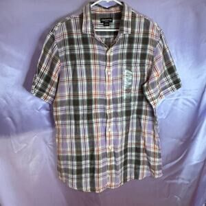 New no Tags Claiborne Slim Fit Men’s SS Linen Button Down Plaid Shirt Sz L